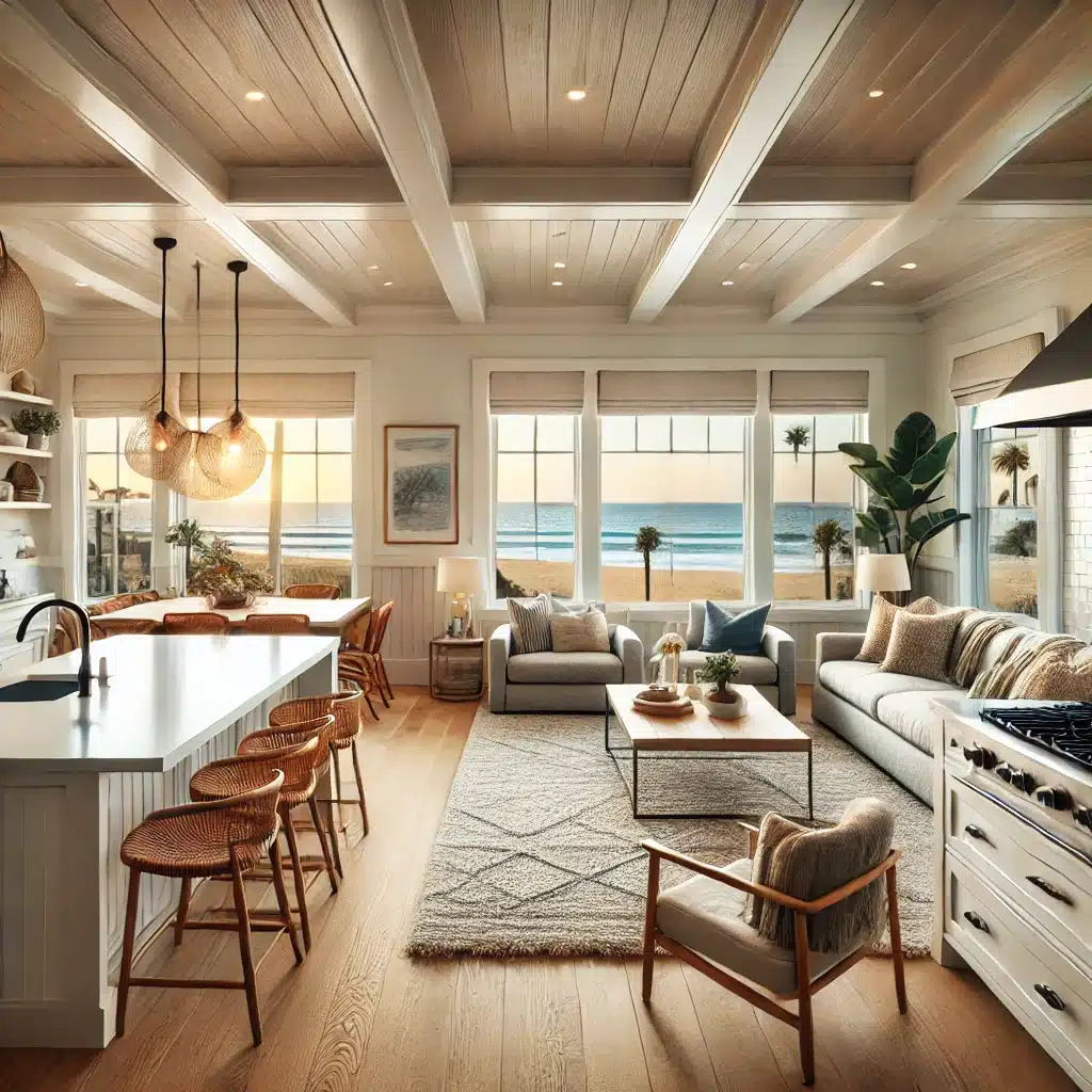 Best Remodeling Company in Huntington Beach: A beautifully remodeled open-concept living room and kitchen with a large island and coastal-inspired decor.