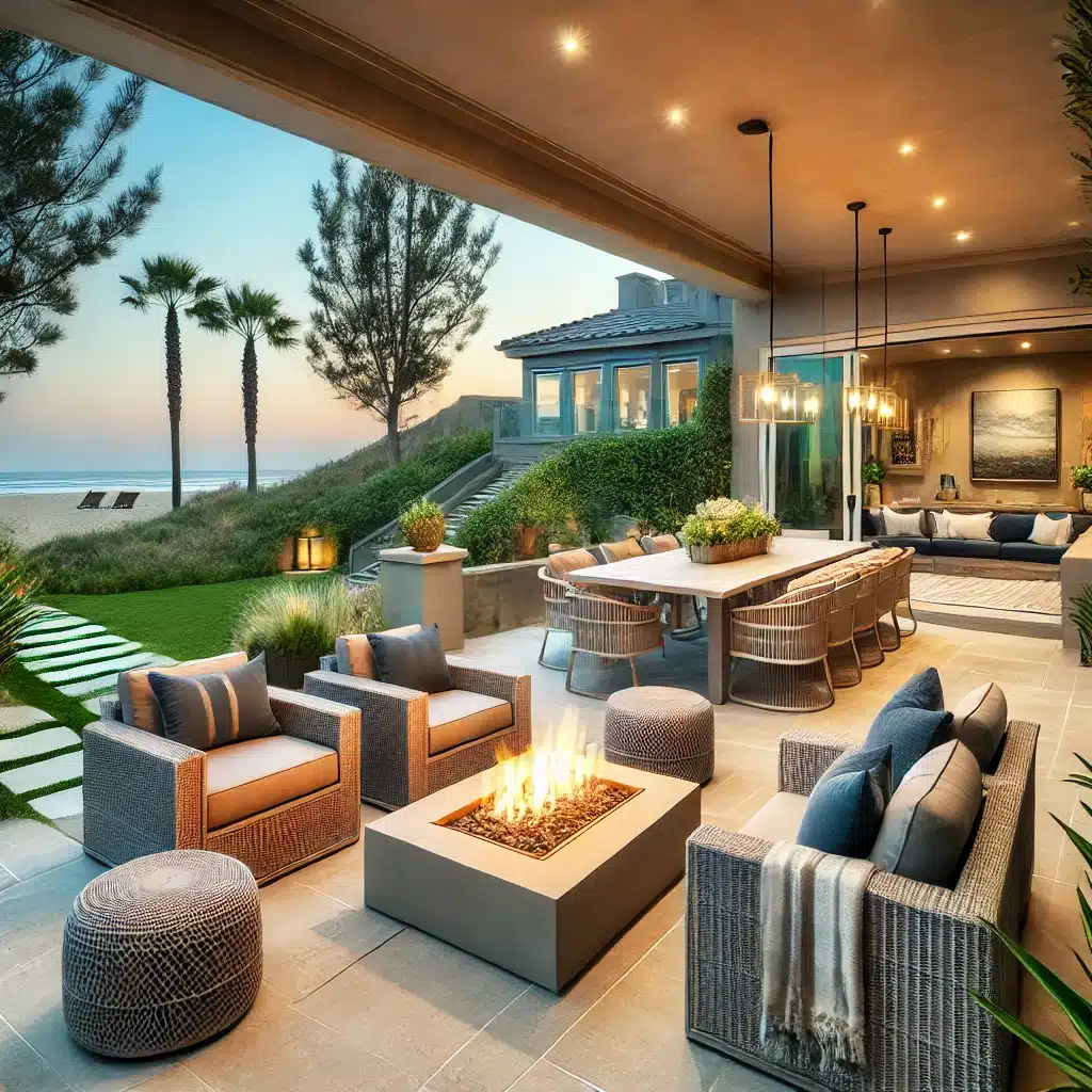 Best Remodeling Company in Huntington Beach: A beautifully remodeled outdoor patio with modern furniture, a fire pit, and beach views.