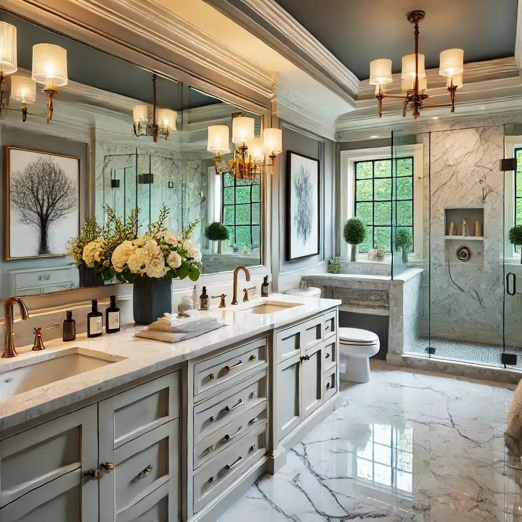 Beautifully remodeled modern bathroom by the best remodeling company in Lake Forest featuring a double vanity, marble countertops, and a walk-in shower with glass doors