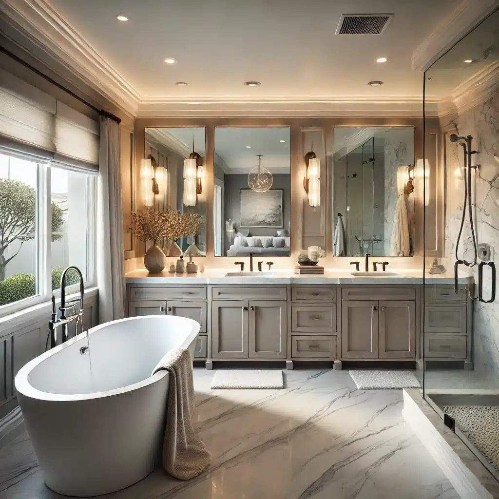 Best Remodeling Company in Huntington Beach: A luxurious remodeled bathroom with a freestanding bathtub, dual sinks, and a walk-in shower.