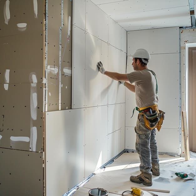 Best remodeling company in Irvine installing plasterboard during a home renovation.