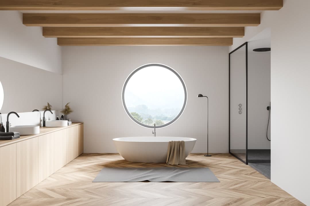 Image of a newly remodeled bathroom featuring modern fixtures, elegant tiles, and a relaxing spa-like atmosphere.