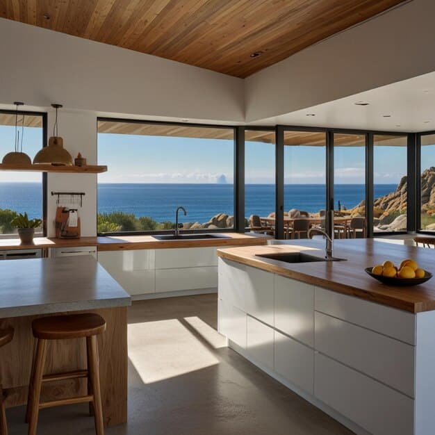 Modern kitchen remodeling with wooden accents and large windows offering panoramic ocean views