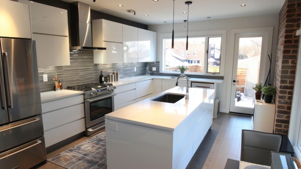 Kitchen remodeling in Mission Viejo with glossy white cabinets and stainless steel appliances.