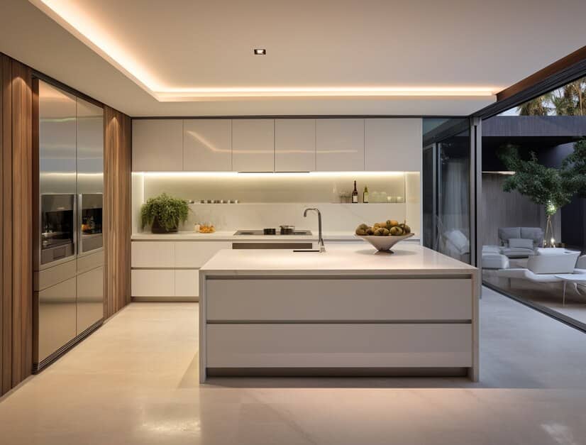 Modern kitchen design for kitchen remodeling in Mission Viejo, with white cabinetry and an island.