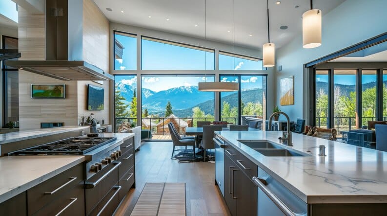 Luxurious modern kitchen remodeling with marble countertops and expansive windows showcasing breathtaking mountain views