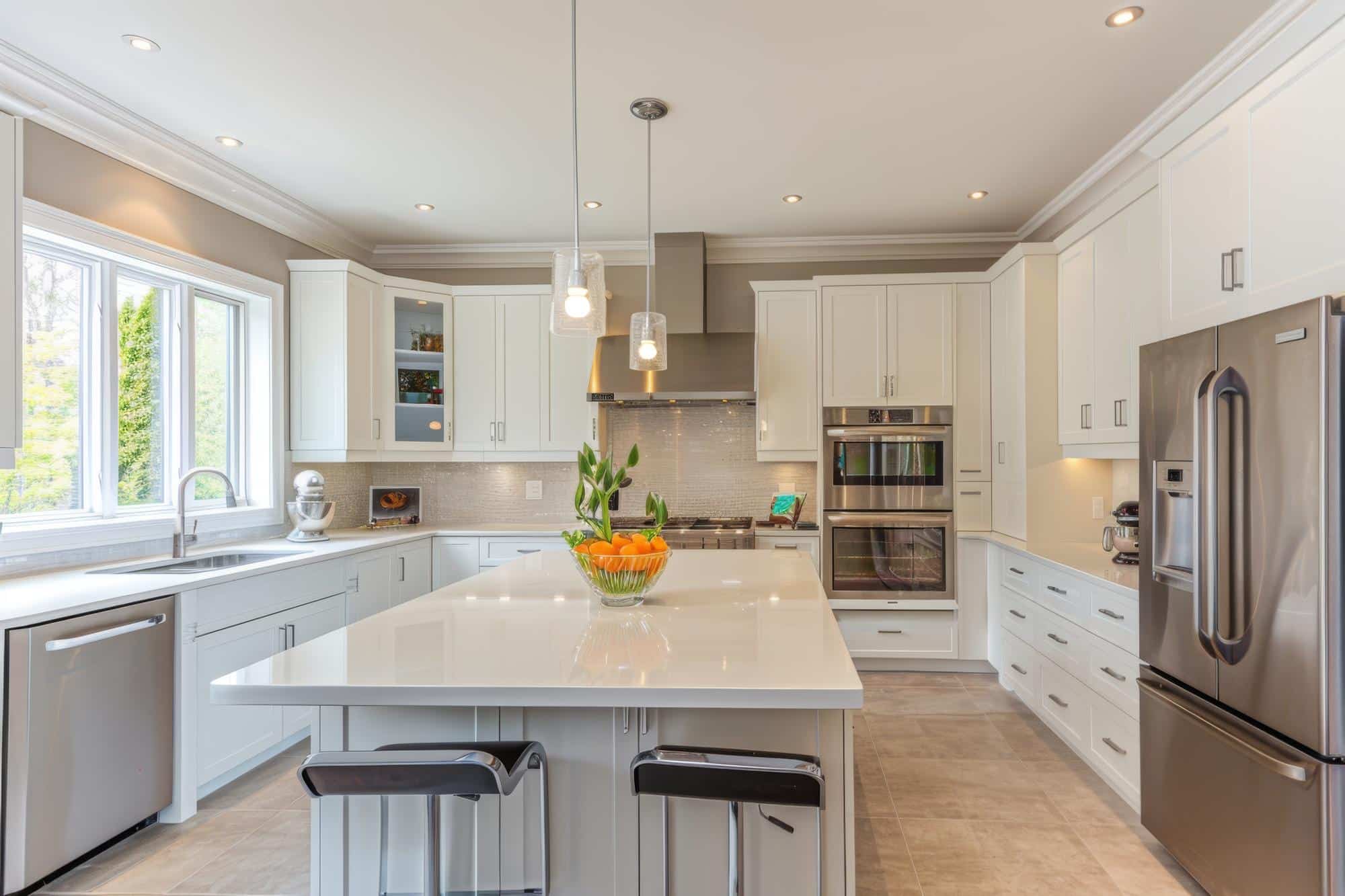 Modern kitchen remodel in Huntington Beach featuring white cabinetry and sleek countertops, ideal for a stylish kitchen remodeling in Huntington Beach.