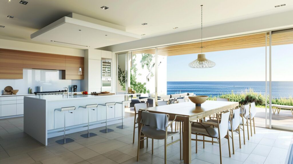 "Modern kitchen with ocean view in a Huntington Beach home, highlighting sleek cabinetry and spacious design as part of a kitchen remodeling in Huntington Beach