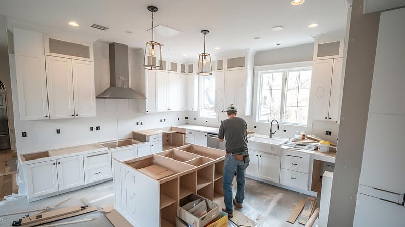 "Kitchen remodeling in progress with a contractor working on installing cabinetry and kitchen island