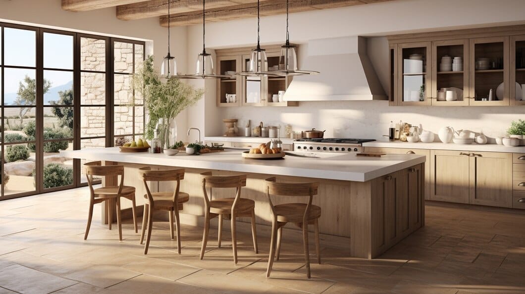 Rustic kitchen with wooden cabinetry and large island, showcasing kitchen remodeling in Irvine