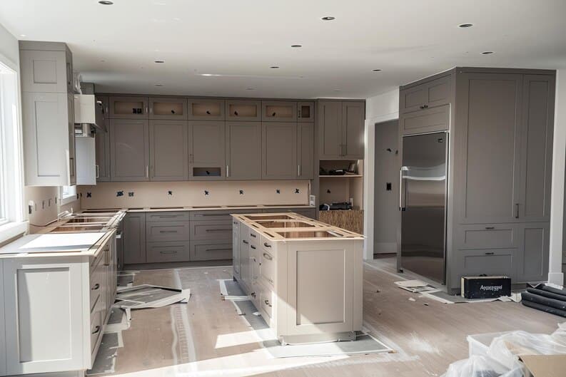 Kitchen under construction with custom cabinetry, highlighting a kitchen remodeling project in Irvine.