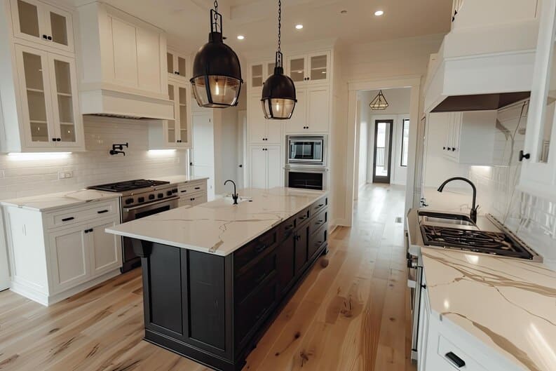 Modern farmhouse kitchen with a dark island and white cabinetry, showcasing kitchen remodeling in Orange County.