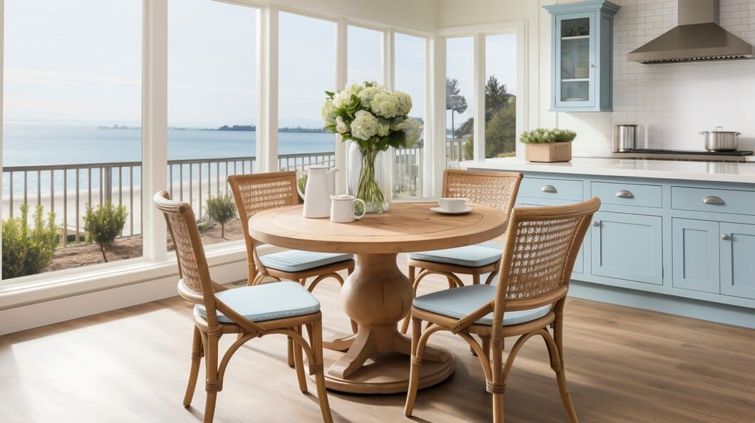 Bright kitchen with coastal views and wooden dining set, showcasing kitchen remodeling in Orange County.