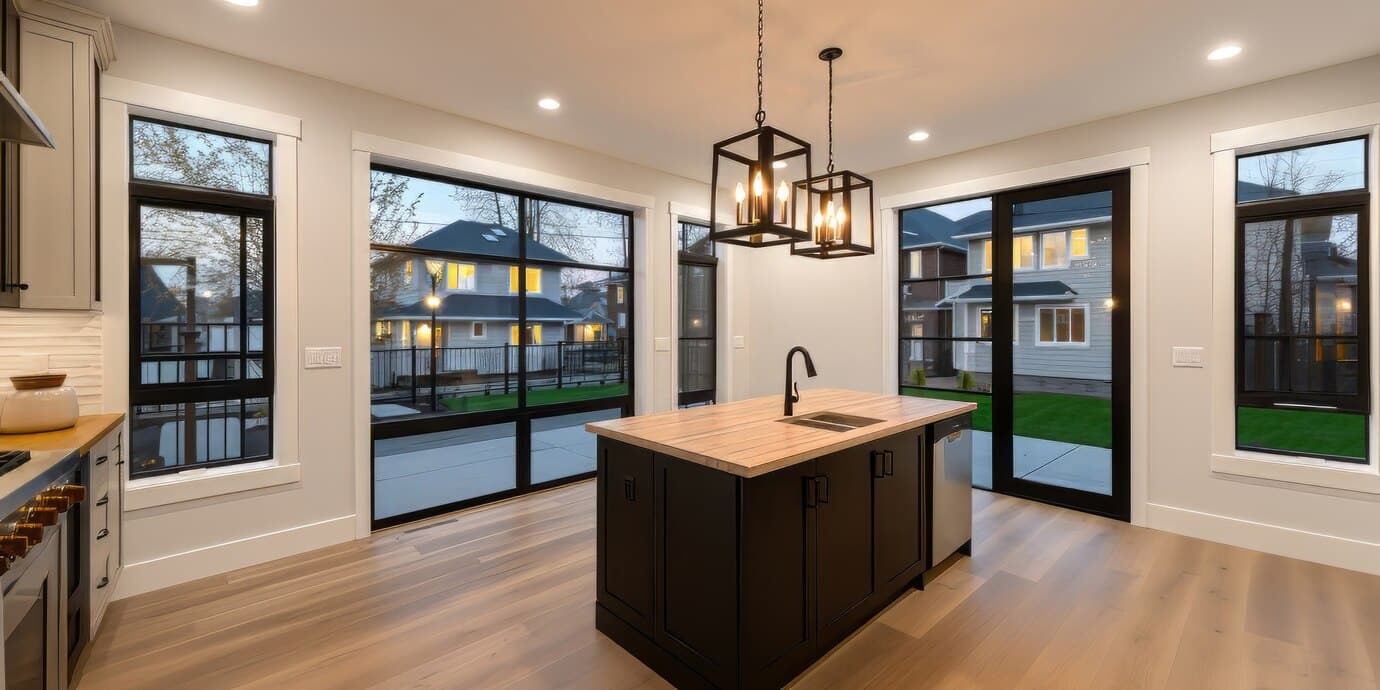 Modern kitchen with large windows and central island, exemplifying kitchen remodeling in Irvine