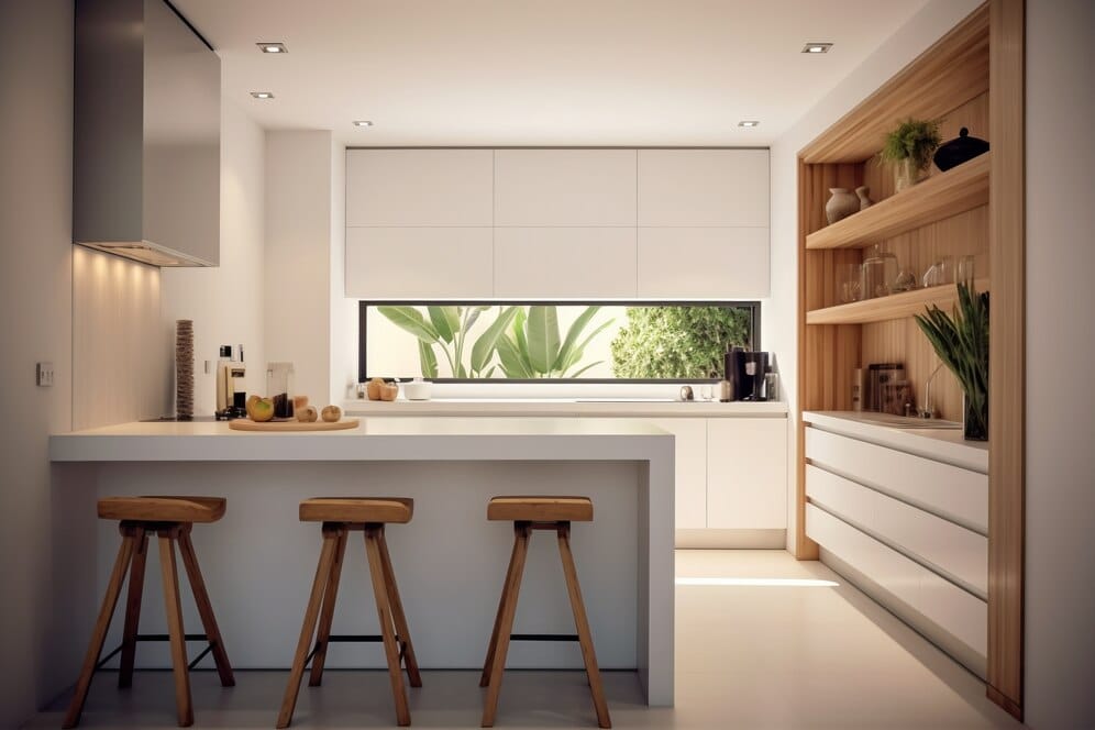 Minimalist modern kitchen with white countertops and wooden accents, highlighting kitchen remodeling in Orange County