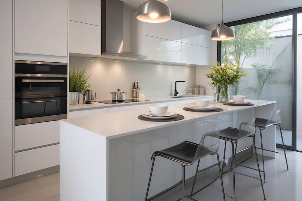 Modern kitchen with sleek white countertops and stainless steel appliances, highlighting kitchen remodeling in Orange County