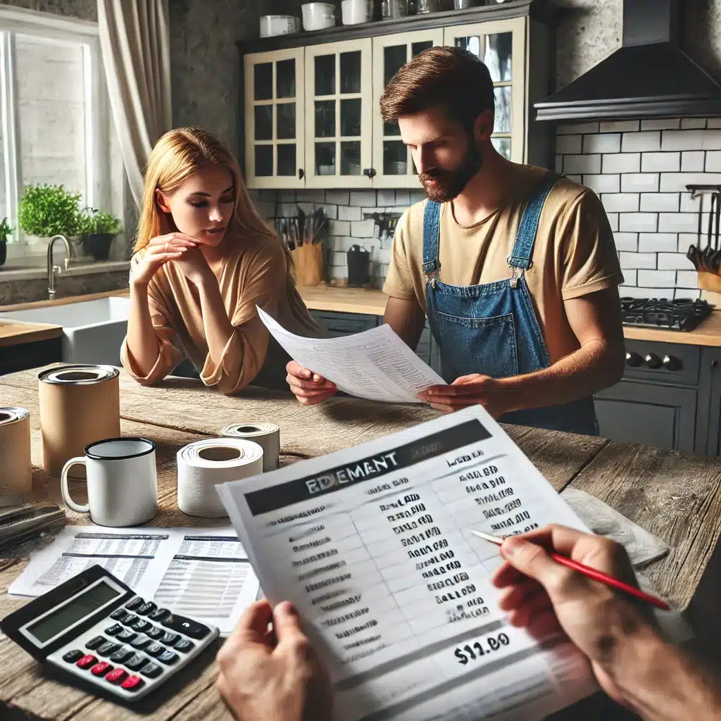 Renovate kitchen before selling: Couple reviewing kitchen renovation budget and cost estimates.