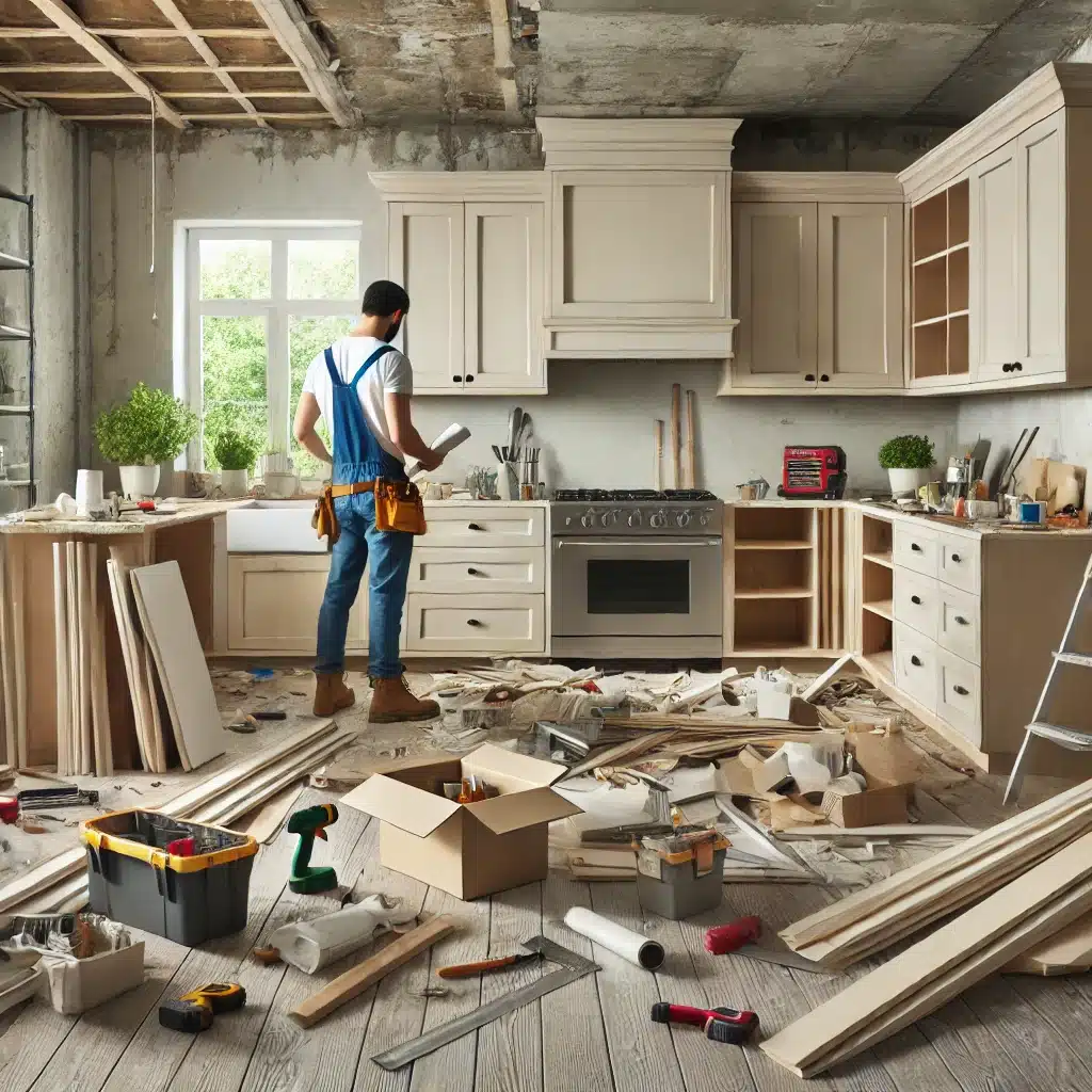 A kitchen renovation scene with construction workers updating cabinets and countertops, representing a work-in-progress.