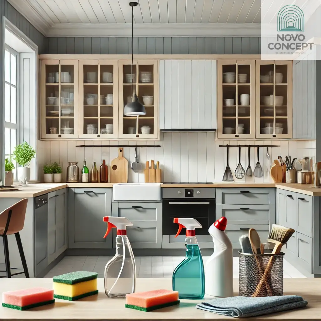 A modern kitchen interior showcasing a variety of cabinet styles and cleaning supplies, emphasizing maintenance practices.