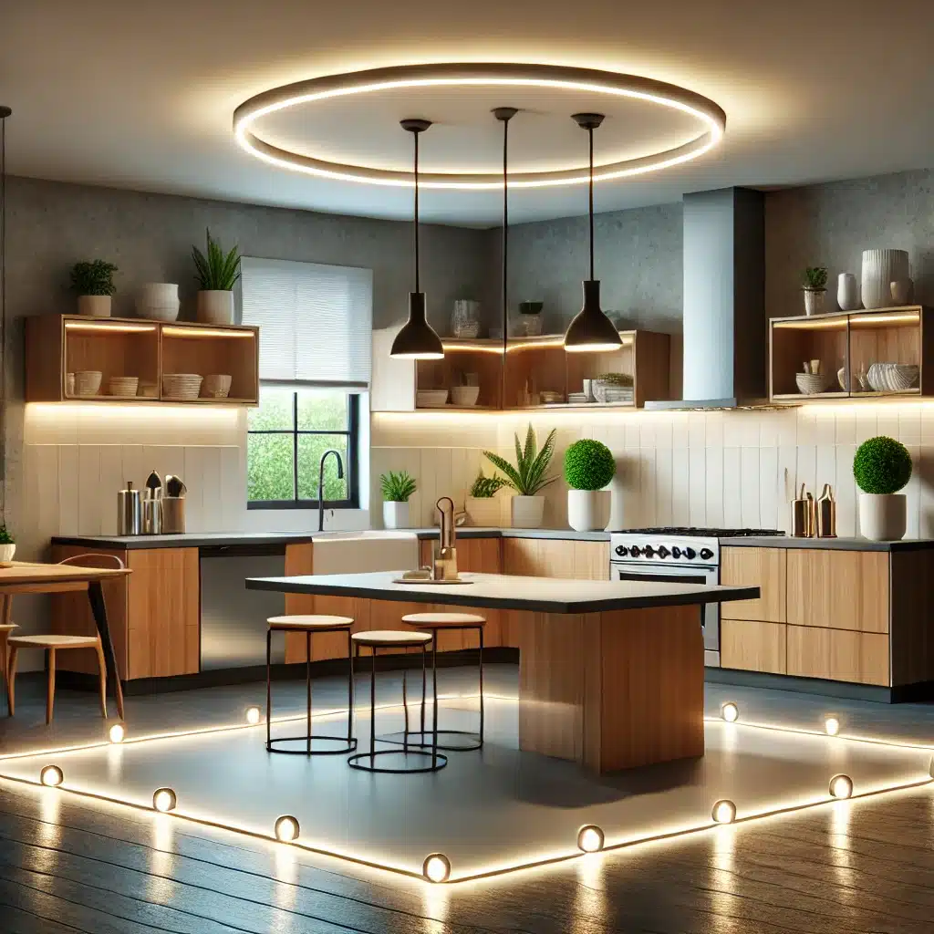 Updated lighting and appliances in a sleek, modern kitchen.