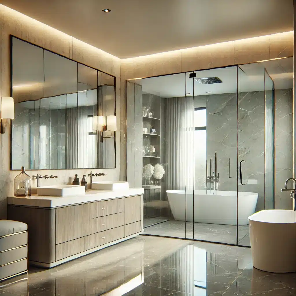 Bathroom remodeling in Huntington Beach with a modern glass shower, freestanding tub, and luxury double vanity.