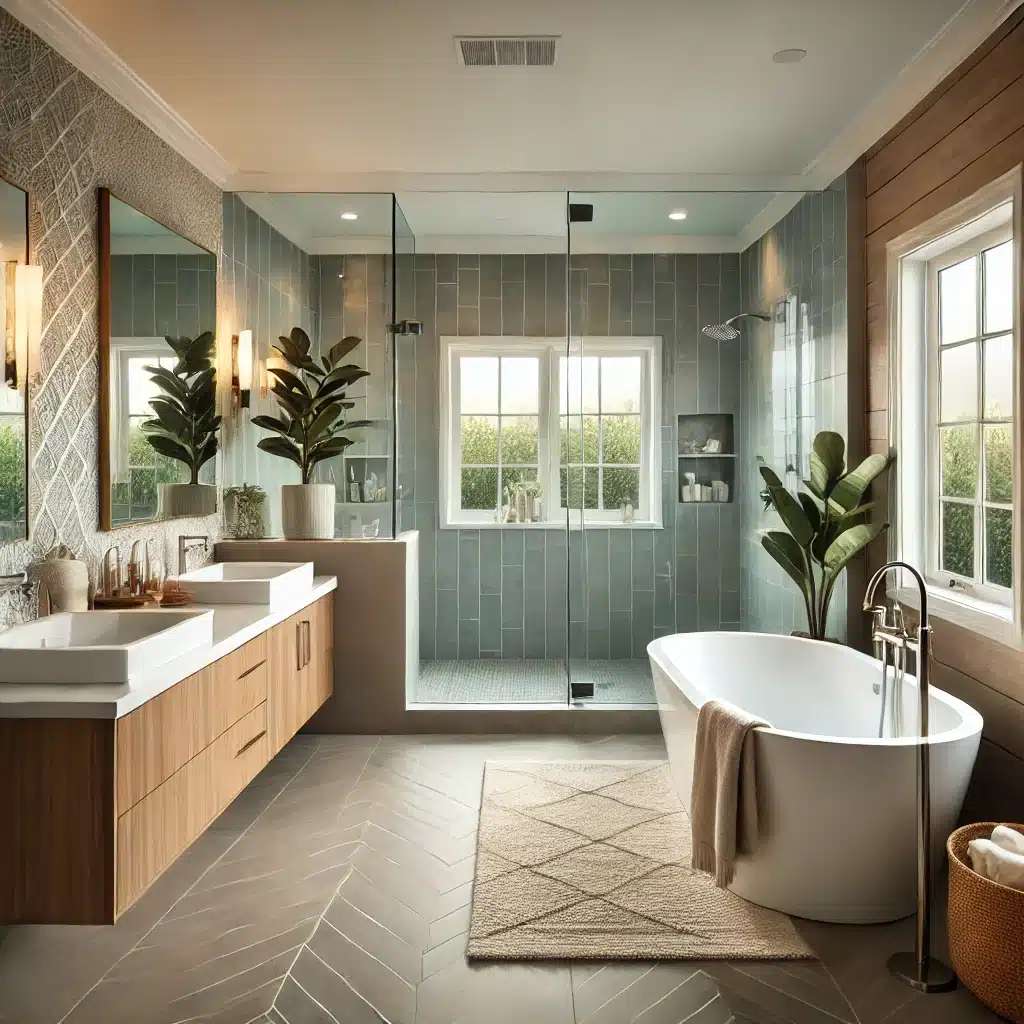 Bathroom remodeling in Huntington Beach - modern bathroom with glass shower and freestanding bathtub.