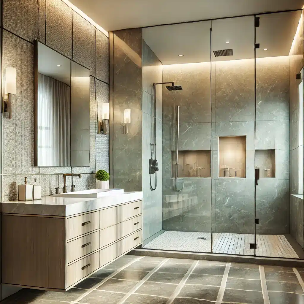 Bathroom Remodeling in Laguna Niguel with a frameless glass shower and modern floating vanity