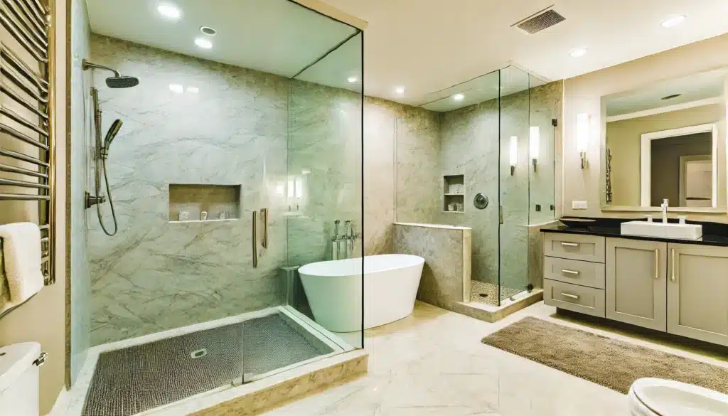 Bathroom remodeling in Lake Forest with a walk-in glass shower and marble vanity