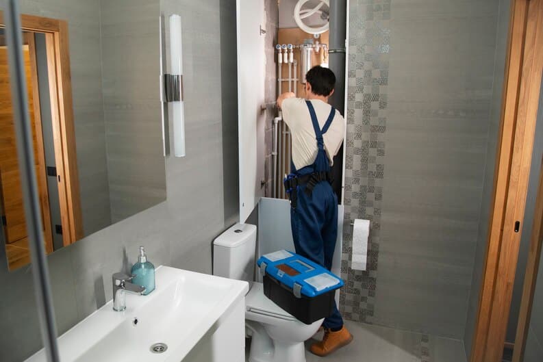 Bathroom remodeling in Mission Viejo – a plumber installing new piping in a modern bathroom.