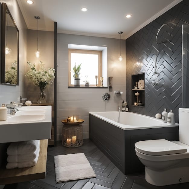 Bathroom remodeling in Orange County featuring modern dark herringbone tiles and elegant design.