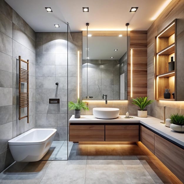 Bathroom remodeling in Orange County with modern gray tiles, wooden vanity, and glass shower enclosure.