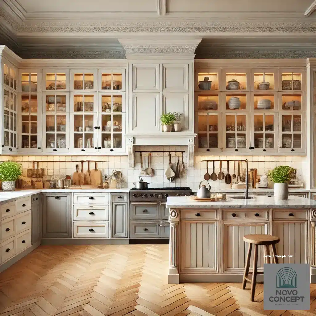 Elegant kitchen design with various cabinet types, featuring Novo Concept logo watermark and website address.