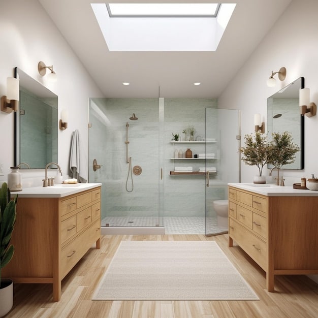 Bathroom remodeling in Orange County with dual vanities, skylight, and glass shower.