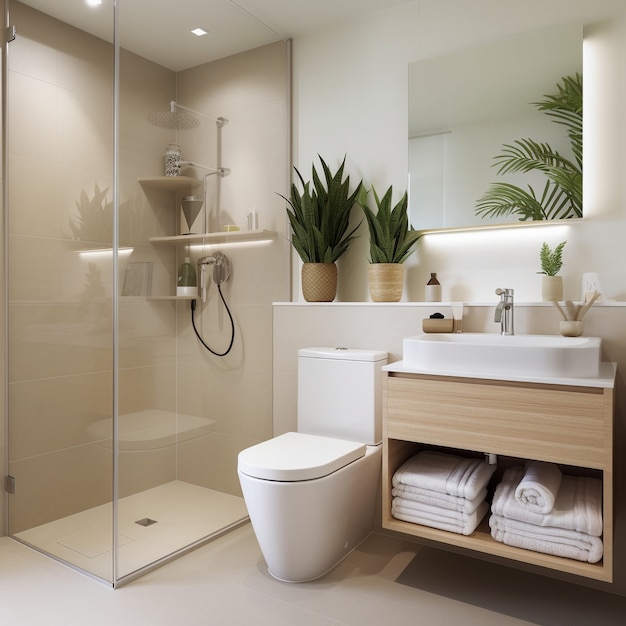 Bathroom remodeling in Orange County with modern glass shower and wooden vanity.