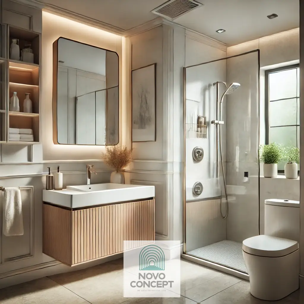 Modern small bathroom showcasing creative remodel ideas with light colors, a compact shower, and a stylish floating vanity.