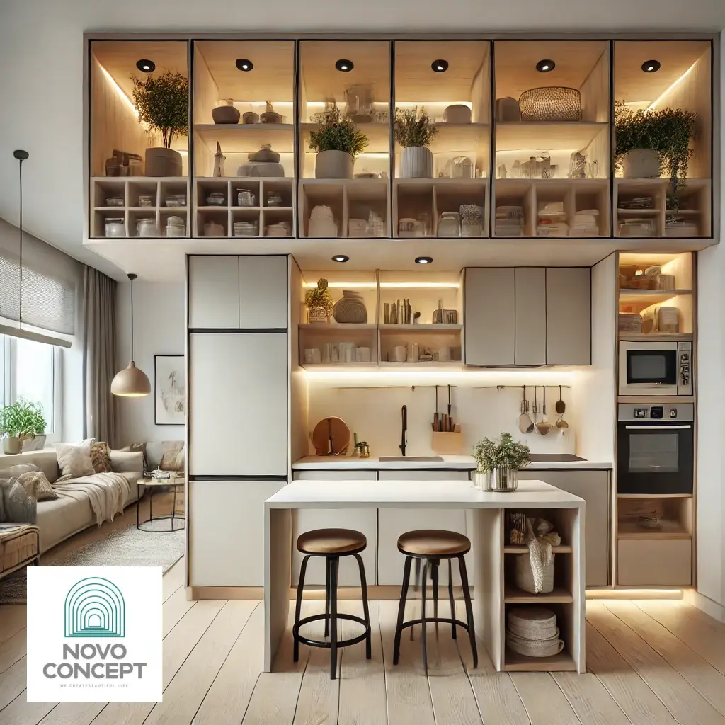 A small modern kitchen with efficient storage solutions, compact island, and stylish design, showcasing innovative small kitchen remodel ideas.