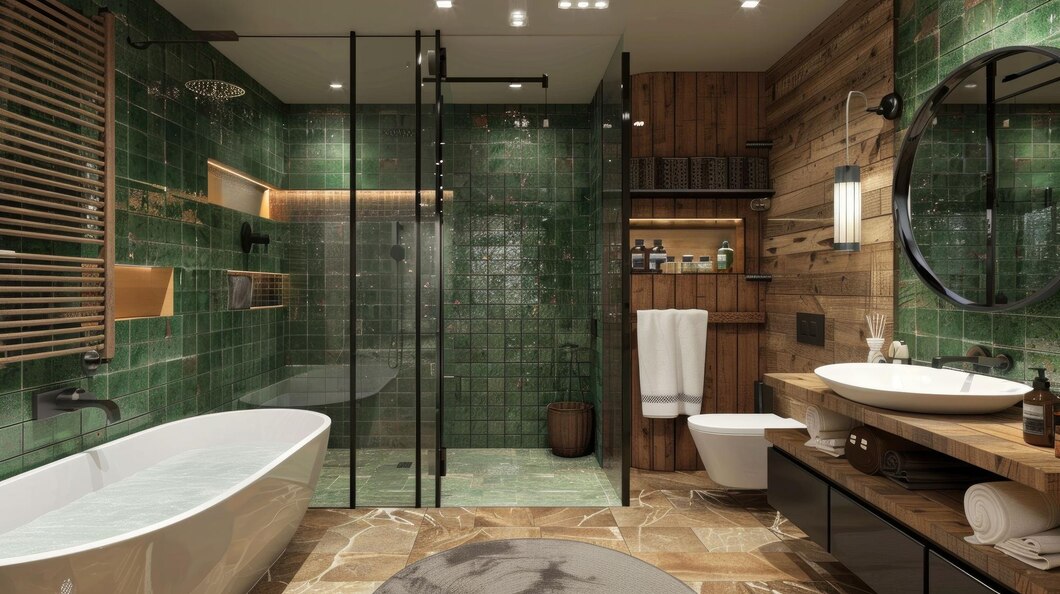 Bathroom remodeling in Irvine with green tiles and rustic wood accents