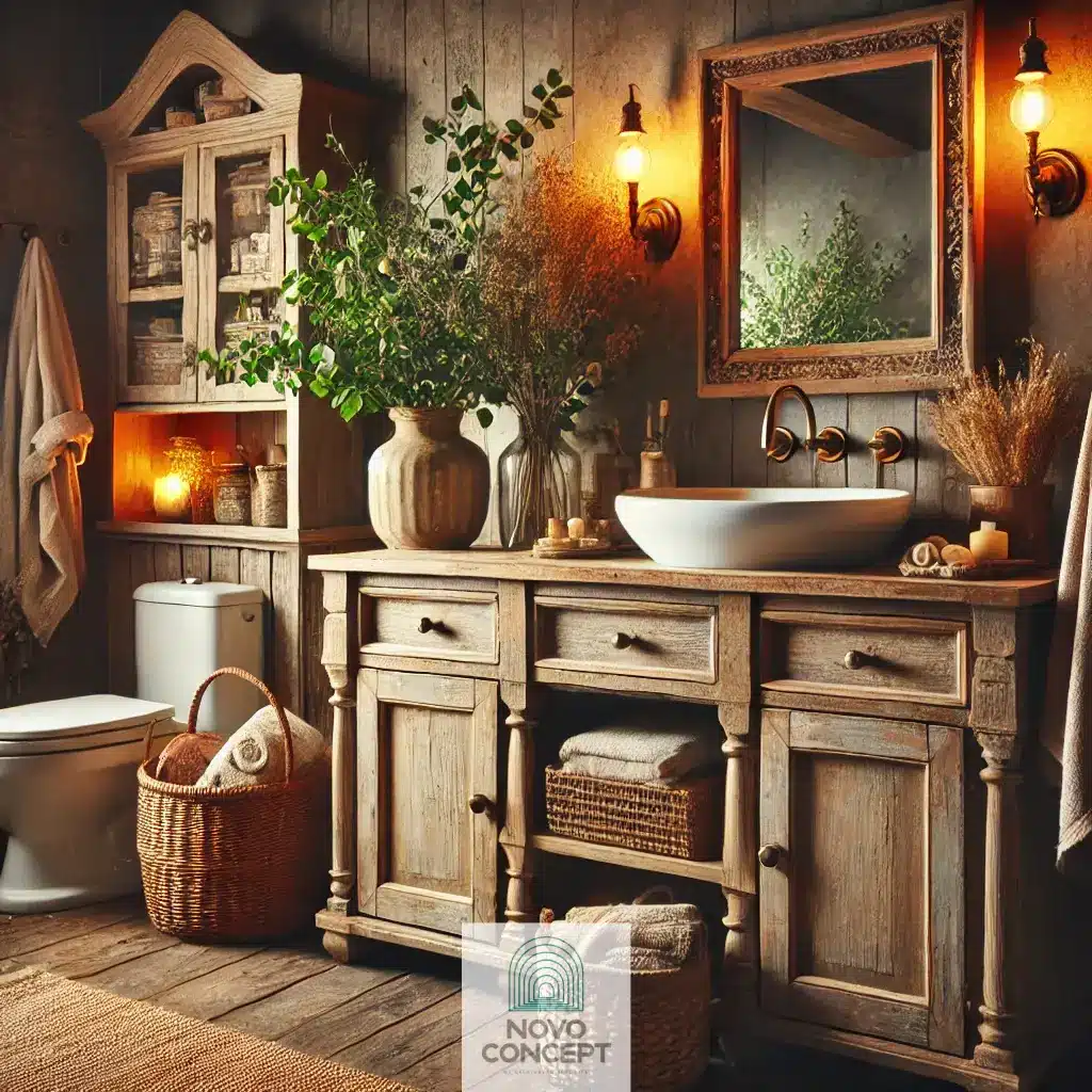 A cozy bathroom featuring rustic charm with distressed cabinets and warm lighting.