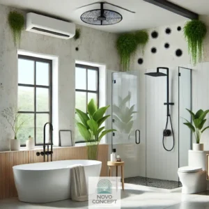 A well-ventilated modern bathroom featuring mold prevention methods.