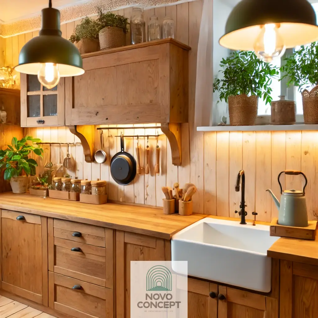 A rustic-style kitchen featuring wooden cabinets and warm lighting, creating a cozy atmosphere.