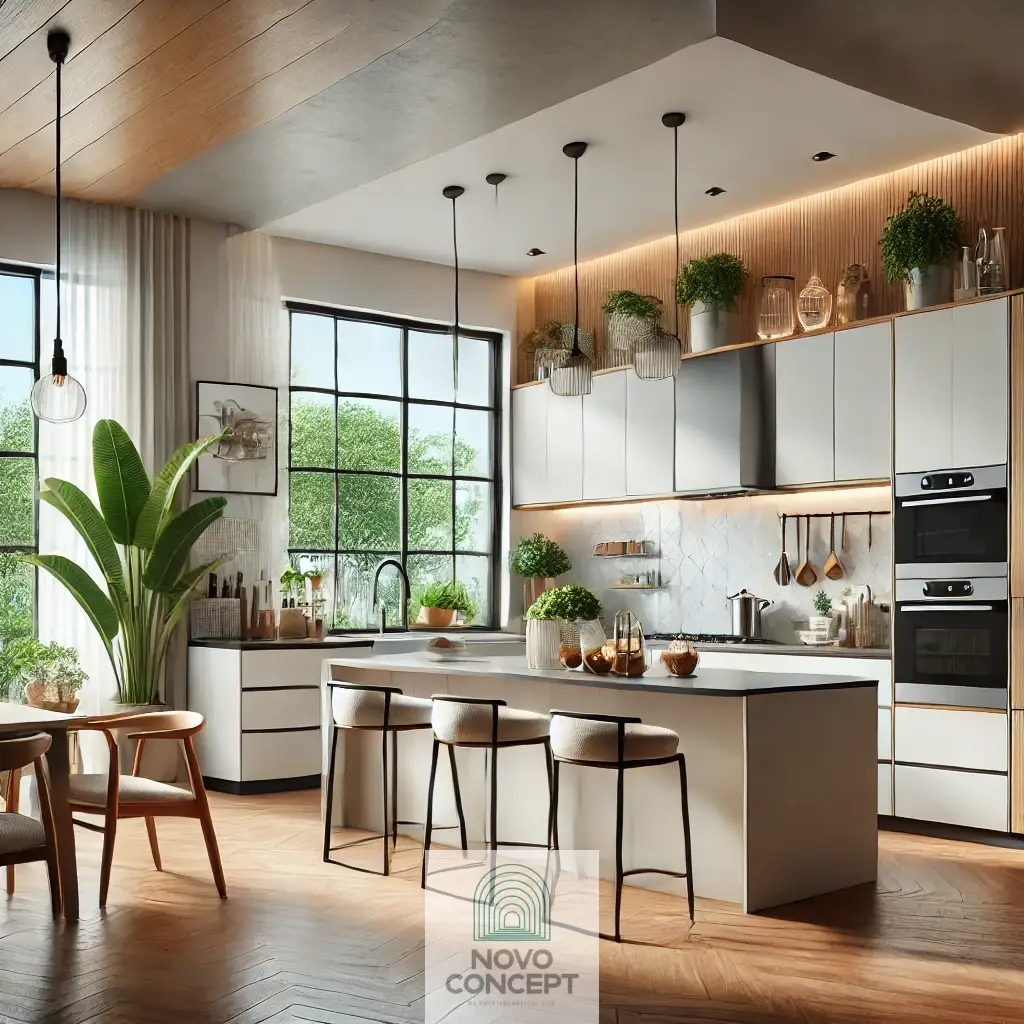 A beautifully designed modern kitchen featuring sleek cabinetry and large energy-efficient windows.