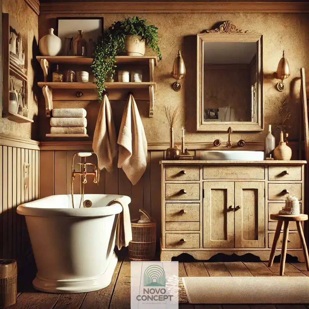 A cozy bathroom featuring rustic charm with distressed finishes for a unique bathroom renovation.