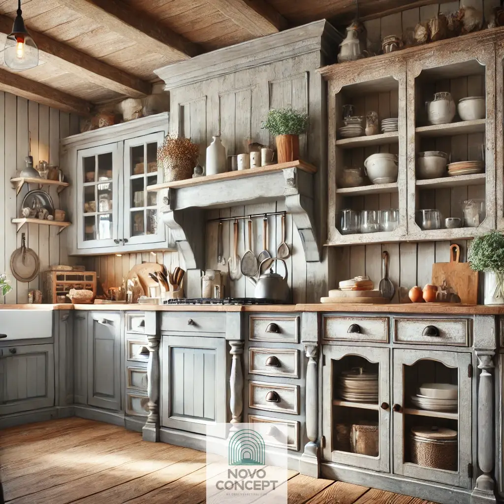 A cozy kitchen featuring rustic charm with distressed cabinet finishes.