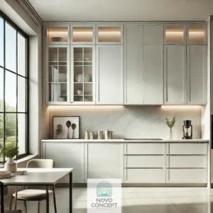 A modern kitchen featuring sleek and minimalist cabinet refacing.