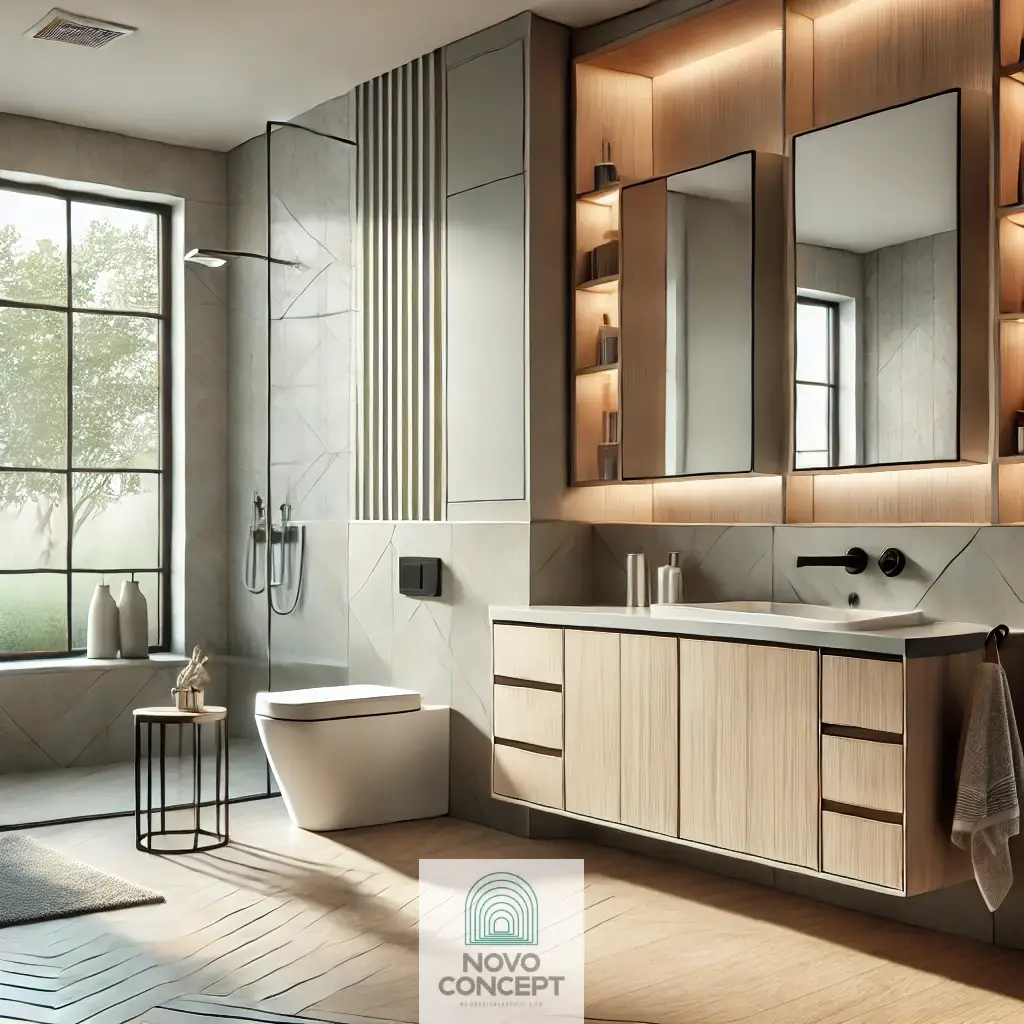 A beautifully designed modern bathroom featuring custom cabinets with a sleek, minimalist design.