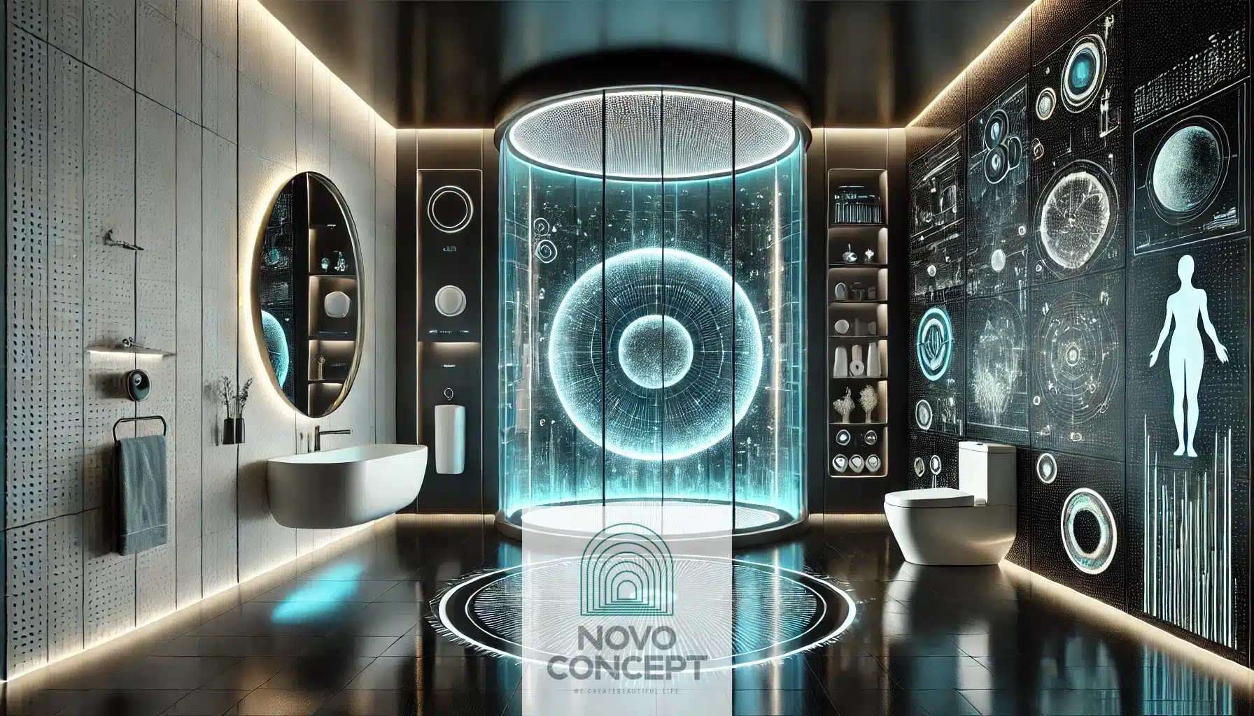 A futuristic bathroom with sleek, metallic walls featuring glowing LED strips, a large smart mirror with a holographic display, a floating vanity with a glass sink, and a transparent shower with neon accents. The floor is polished white marble with glowing lines, and the overall color scheme includes silver, white, and cool blue lighting.