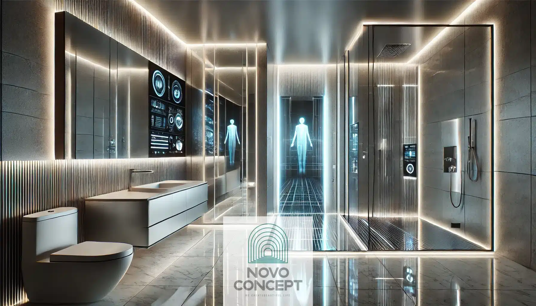 A cutting-edge futuristic bathroom with a circular shower pod emitting dynamic lighting effects, textured glass walls with holographic patterns, a freestanding bathtub glowing with blue light, and floating shelves with modern decor. The reflective black floor is illuminated with ambient lighting, and the room features a high-tech mix of white and teal hues.