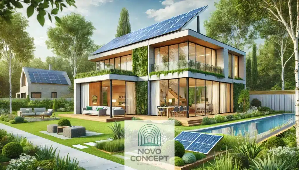 A modern, energy-efficient home with solar panels and sustainable features.