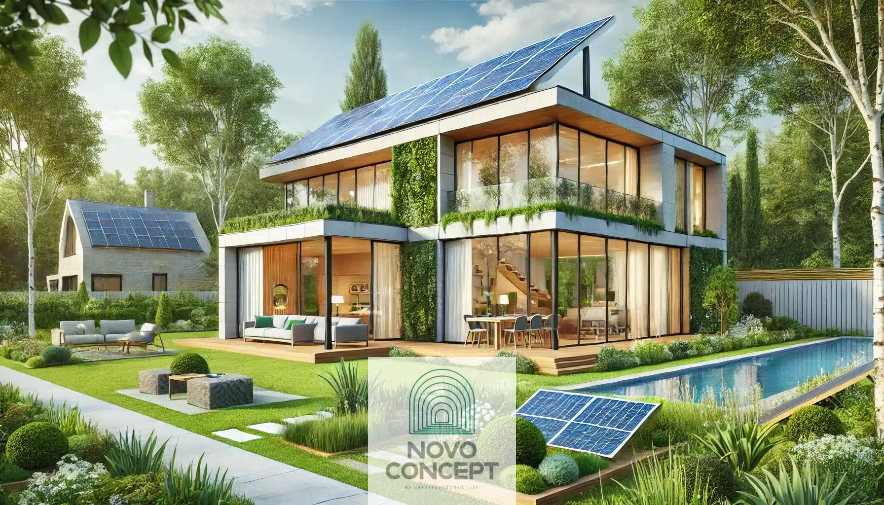 A modern, energy-efficient home with solar panels and sustainable features.