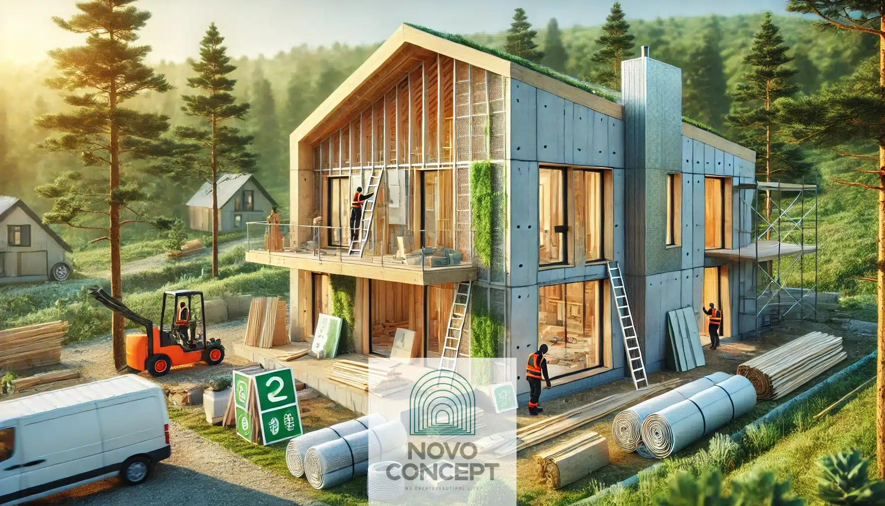 A budget-friendly, modern home under construction with energy-efficient materials.